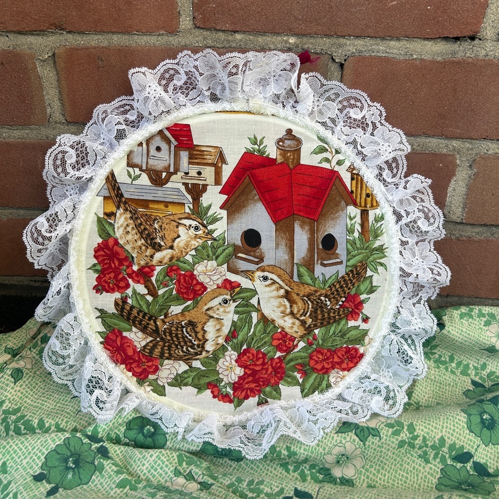 Vintage Bird & Birdhouse Fabric Wall Art with Lace Trim SOLD
